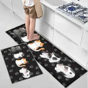 Non-Slip Kitchen Mat Absorbent Oil Water Dustproof Indoor Floor Mat Kitten Pattern 40x60cm