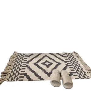 Nordic Bohemian Kilim Floor Mat Black and White Cotton Linen Woven Non-Slip with Tassel Removable Washable