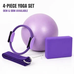 ODM 4PC Pilates Exercise Accessories Kit Magic Ring 25cm PVC Pilates Ball EVA Yoga Brick D Ring Stretching Belt Custom Packaging