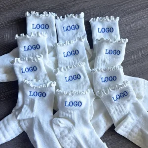 OEM Factory Custom Scallop-Edge Women’s Embroidered Grip Socks Non-Slip Ribbed Cotton Yoga Socks