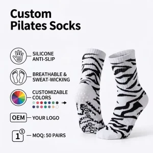 OEM Factory Yoga Pilates Socks, Custom Logo Zebra Stripe Silicone Non-Slip Cotton, Breathable, Men’s Training