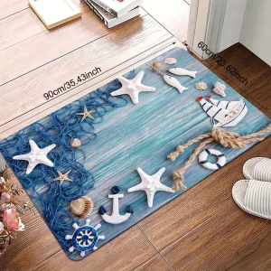 Ocean Beach Shell and Starfish Printed Non-Slip Polyester Floor Mat for Indoor Outdoor Entrances and Kitchens