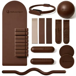 Oval Arch PU Natural Rubber Chocolate Yoga Mat Pilates Barre Kit with Ankle Weights and Dumbbells