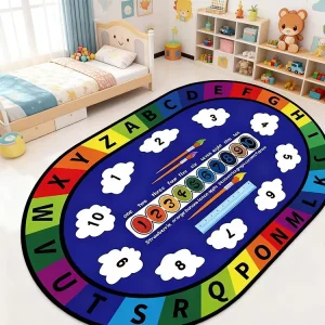 Oval alphabet educational playroom rug, non-slip kids crawling mat for kindergarten classroom