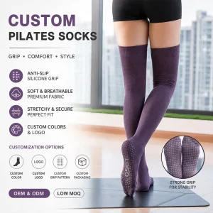 Over-the-Knee Breathable Cotton Pilates and Yoga Socks for Women with Silicone Grip, Anti-Slip, Ruched Detail