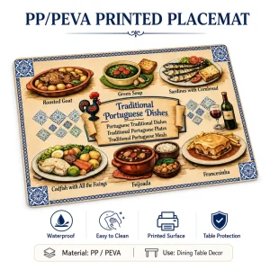 PP/PEVA Printed Placemat Traditional Portuguese Dishes Pattern Waterproof Easy-Clean Dining Table Protector Mat