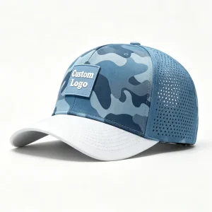 Performance Camo Golf Hat Custom Rubber Patch Logo 5 Panel High Crown Laser Perforated Sport Baseball Cap