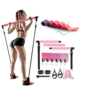 Pilates Bar Kit with Resistance Bands, Heavy-Duty Metal Adjustable Buckle, Portable Home Gym