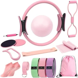 Pilates Circle Fitness Ring Set, 16-Piece, with Latex Resistance Bands for Home Use