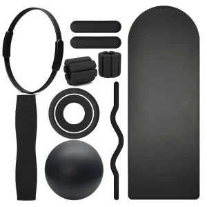 Pilates Reformer Accessories Set 8 Piece Yoga Ring Mat Ball Wrist Weights Curl Bar Resistance Bands Home Studio