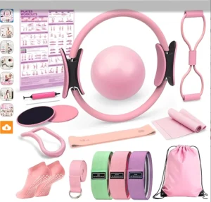 Pilates Ring and Foam Roller Set with Stretching Strap and TPE Resistance Band