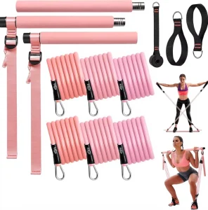 Pilates Set with 6 Resistance Belts, 20/30/40 lb, Pilates Rod, and Door Anchor