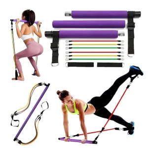 Pilates Yoga Fitness Stick with Spring Resistance Band, Pull-Up Rope and Stretching Strap