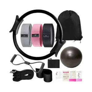Plastic Pilates Ring and Ball Set with Booty Bands, Figure-8 Resistance Bands, and Yoga Stretching Bag