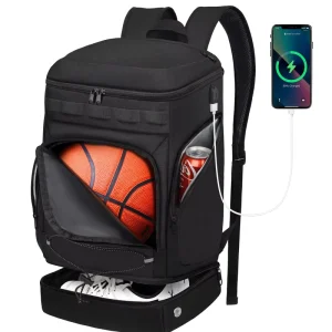 Polyester Basketball Backpack with Large Capacity, Separate Ball Holder, USB Interface, and Insulated Pocket