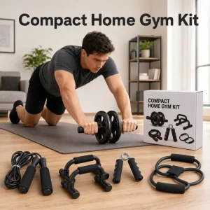 Portable Home Gym Kit with Ab Roller Wheel, Jump Rope, and Figure Eight Band for Small Spaces