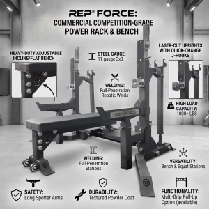 Powerlifting Bench Press Squat Rack 2000 LBS Capacity with 8-Position J-Hooks