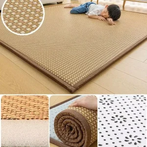 Rattan Memory Foam Tatami Rug, Non-Slip, Breathable, Plaid Pattern, Low Pile