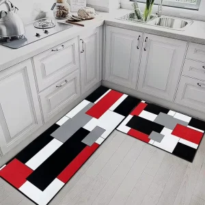 Red Geometric Cushioned Polyester Kitchen Rug Set, Non-Skid, Washable, Pet-Friendly, Reversible, Antimicrobial