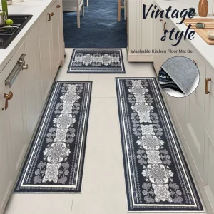 Retro Non-Slip Polyester Square Kitchen Door Mat, Machine Washable, 3-Piece Set