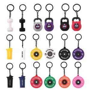 Rubber Fitness Keychain with Mini Barbell and Kettlebell, Sports Bag Accessory