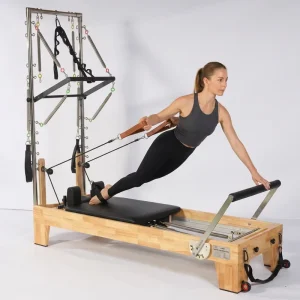 Rubber Wood Frame Pilates Reformer Tower with Metal Rails and Lift Type Footbar Complete with Accessories