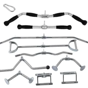 Rubberized Heavy-Duty Gym Cable Attachment Set with Lat Pulldown Bar, V Handle, D Handle, Tricep Rope and Ankle Straps