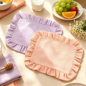 Ruffle Rectangle Placemat Washable Striped Farmhouse Fabric Table Mat