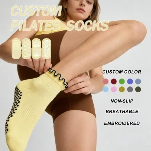Ruffle Trim Custom Crew Pilates Socks Non Slip Silicone Grips Embroidered Logo Free Samples For Pilates Studio