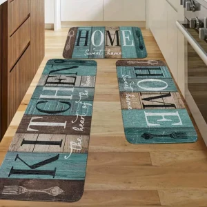 Rustic Farmhouse Kitchen Floor Mat Non-Slip Teal Vintage Wood Grain Home Sweet Home Printed Entrance Rug