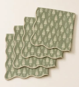 Sage Green Botanical Printed 100% Cotton Scalloped Placemats for Home and Restaurant