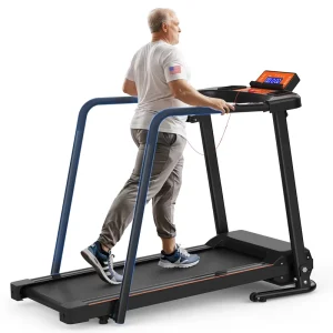 Seniors Foldable Treadmill with Long Handrails Quiet Motor Shock Absorption LED Display for Walking and Running