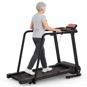 Seniors Treadmill with Long Handrails Knee Friendly Shock Absorbing Cushioned Deck Quiet Motor Foldable Home Fitness Walking