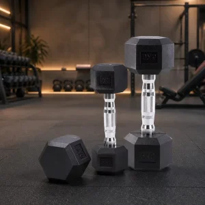 Single Rubber Hex Dumbbell, 5-100lb, KG/LB Marked, Black, for Fitness Clubs
