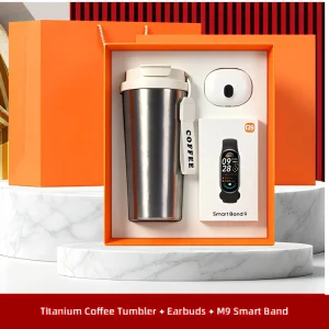 Sleek Modern 3 in 1 Titanium Coffee Mug 500ml IP65 Fitness Sports Tracker Bracelet Music Wireless Earbuds Business Gift Line