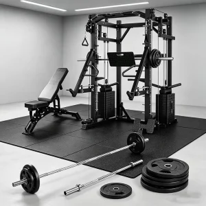 Smith Machine Full Set with Barbell, Weight Plates, and Bench for Home or Commercial Fitness