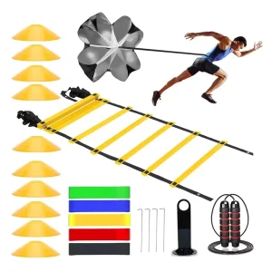 Soccer Football Agility Ladder Training Set with Cones Hurdles and Parachute PVC Portable