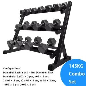 Solid Cast Iron Black Rubber-Coated Hex Dumbbell Set with Storage Rack for Home and Commercial Gym