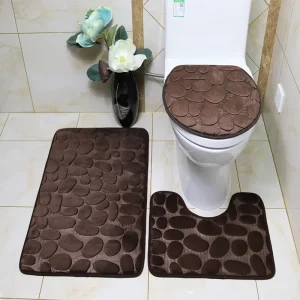 Solid Color Patterned Polyester Water-Resistant 12 mm Bathroom Floor Mat Set, 3-Piece, Anti-Slip