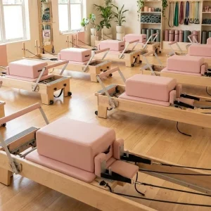 Solid Maple Wood Pilates Reformer with Custom Upholstery and Reformer Box
