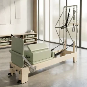 Solid Maple Wood Pilates Reformer with Tower and Custom Upholstery for Studio Physiotherapy