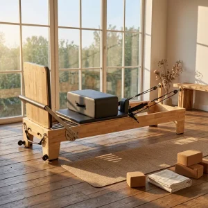 Solid Oak Wood Pilates Reformer Machine with Natural Wood Grain, Commercial Core Training Bed for Studio and Home Gym