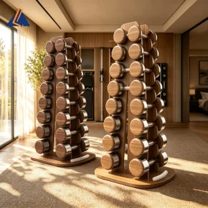 Solid Wood Dumbbell Set Storage Rack with Polished Steel Ring