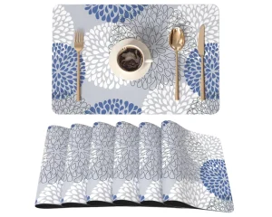 Square Faux Leather Floral-Printed Heat-Resistant Non-Slip Waterproof Wipeable Washable Kitchen Placemats