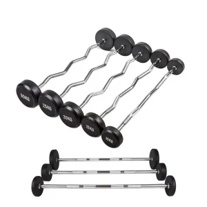 Straight and Curved Curl Barbell Set, Rubber-Coated Steel, Black, Adjustable