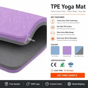 TPE Yoga Mat 15mm Thick Wide 90cm Non-Slip Exercise Fitness Pilates Gym Cushion Dance Workout Eco-Friendly Custom