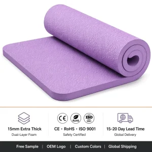 TPE Yoga Mat 15mm Thick Wide 90cm Non-Slip Fitness Exercise Gym Pilates Cushion Dance Workout Eco-Friendly OEM Custom 15 Colors