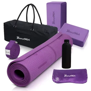 TPE Yoga Mat Set 7-Piece Anti-Slip Waterproof with Yoga Strap, Water Bottle and Eye Pillow