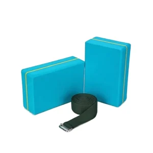 Teal Yoga Block Set and Blue Yoga Belt, EVA Material, Extra Large, Navy Blue 8 ft Stretch Belt Strap