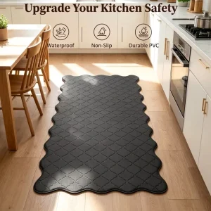 Thick PVC Kitchen Runner Mat Scalloped Border Non-Slip Waterproof Oil-Resistant Washable Floor Mat for Entryway and Bath